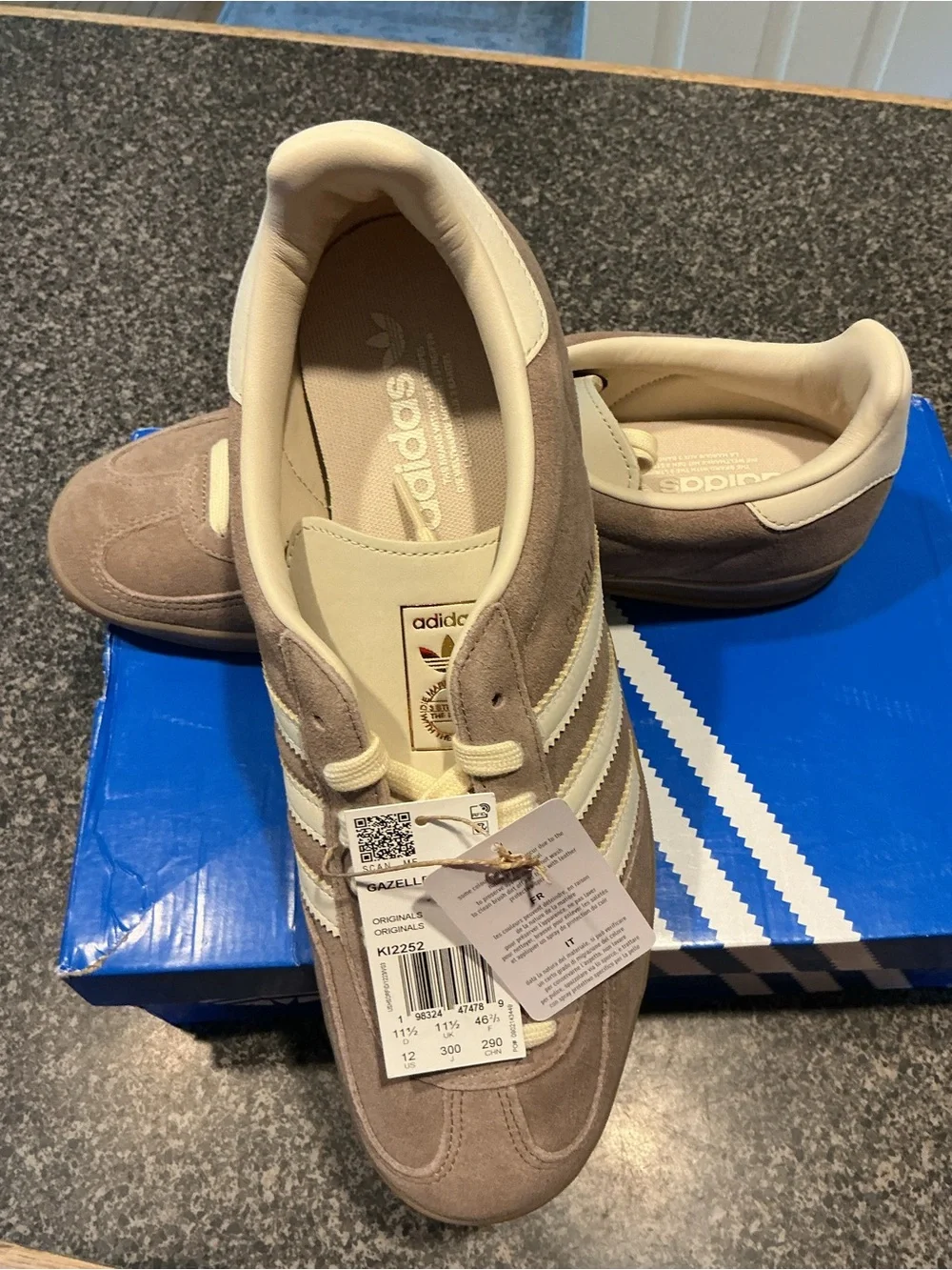 adidas Men’s Gazelle Suede Sneakers - Taupe/Off-White KI2252 style. Size 12.